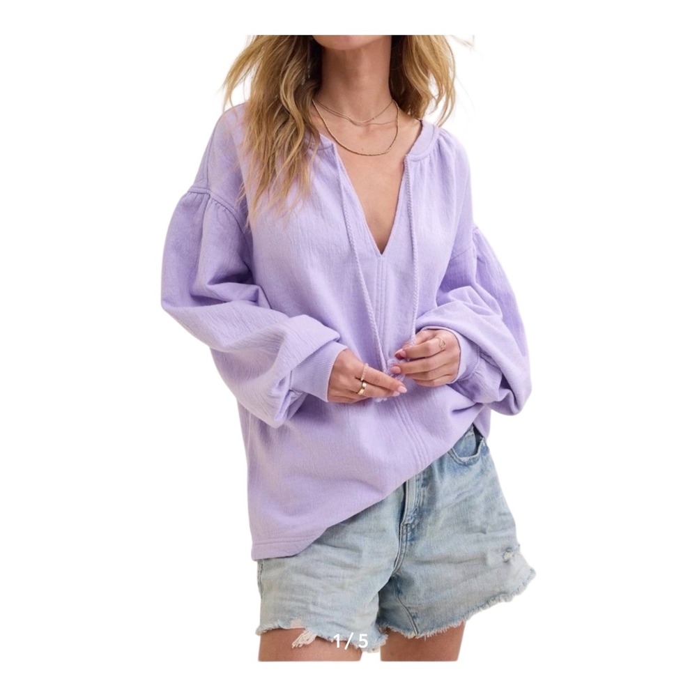 NWT Aerie Women XS(Fits L) Textured VNeck Sweatshirt Women Lavender Purple Boho